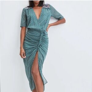 Veronica Beard Mariposa Midi Maxi Dress Green Silk Printed Ruched 4